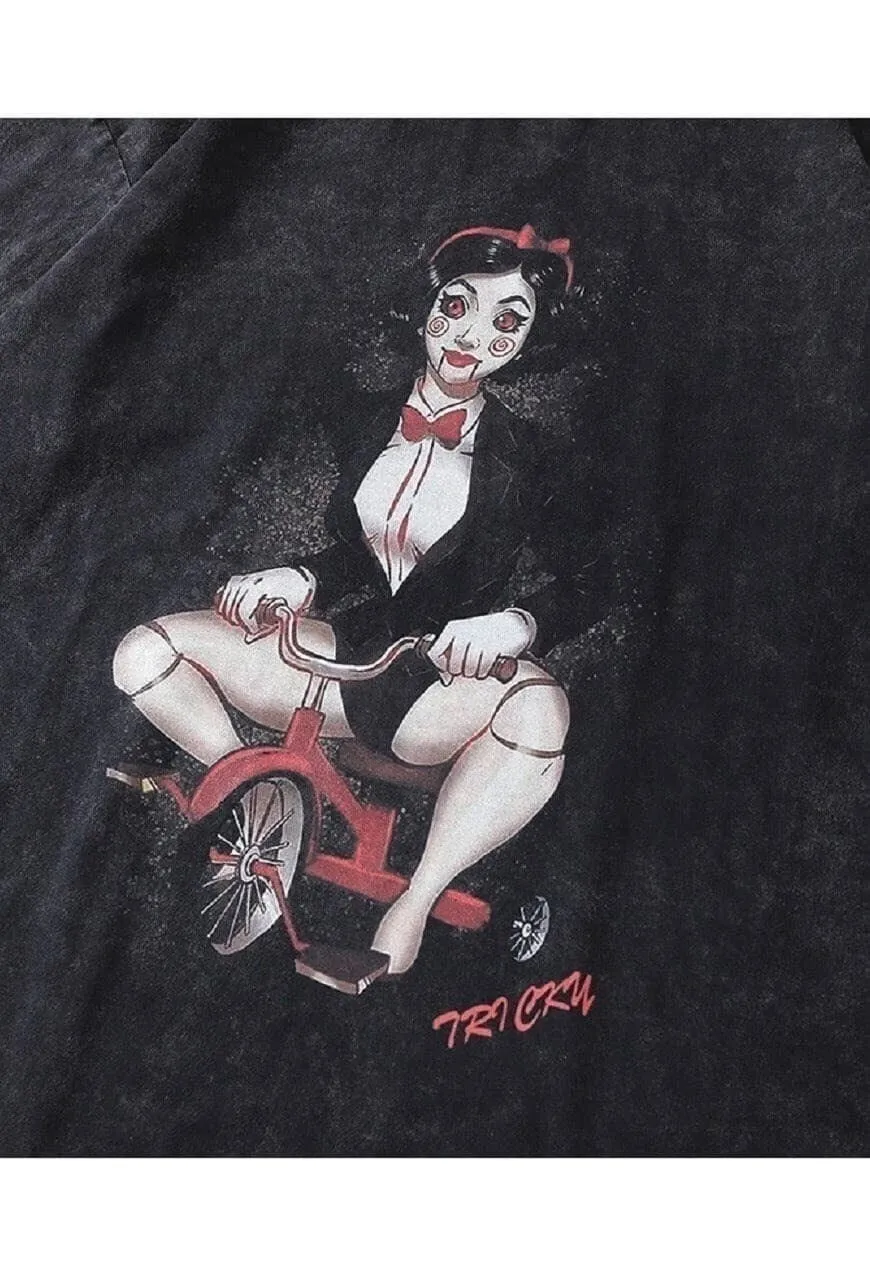 Doll print t-shirt horror movie tee creep top vintage grey