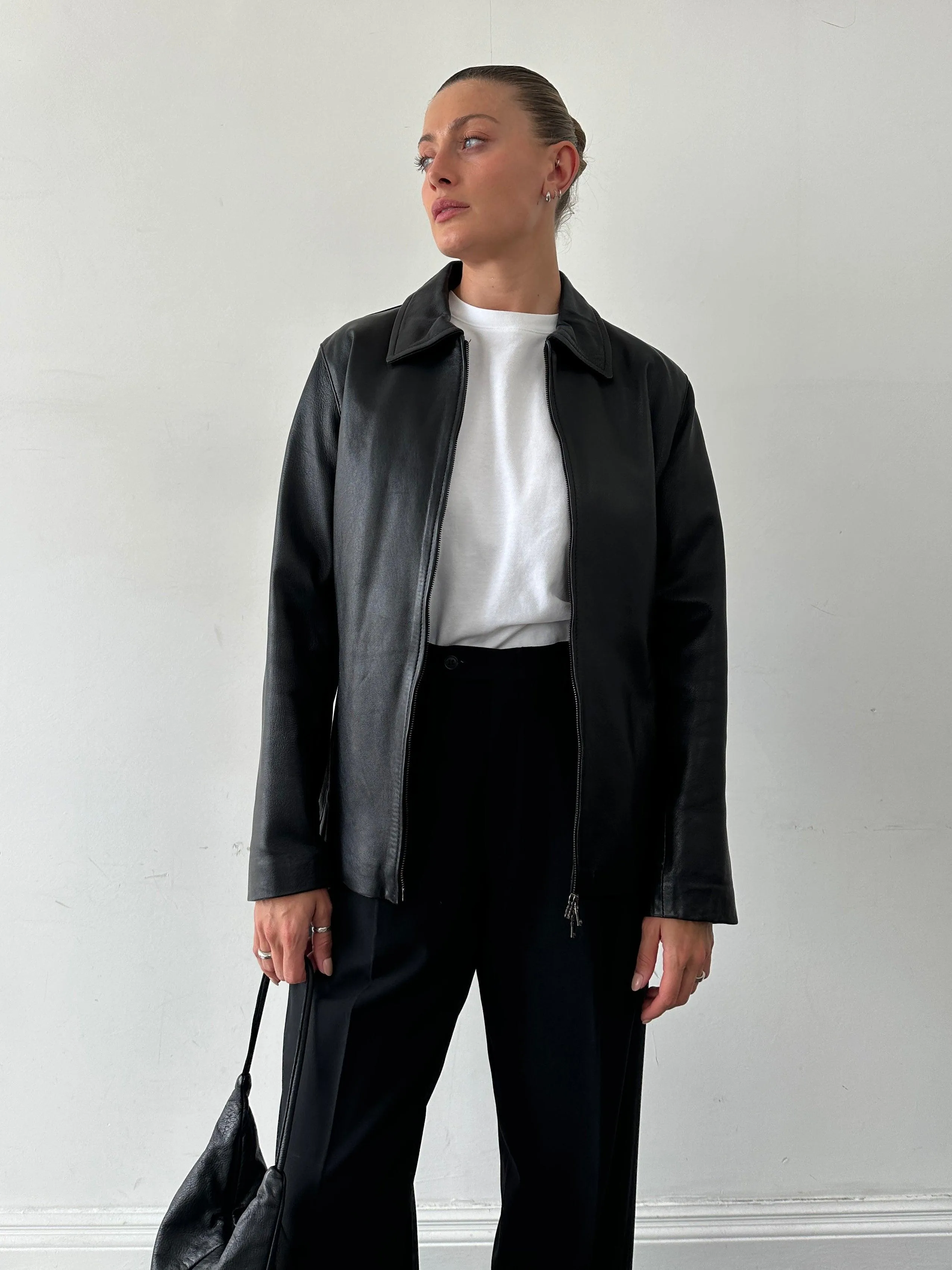 Italian Vintage Smooth Leather Double Zip Jacket - M