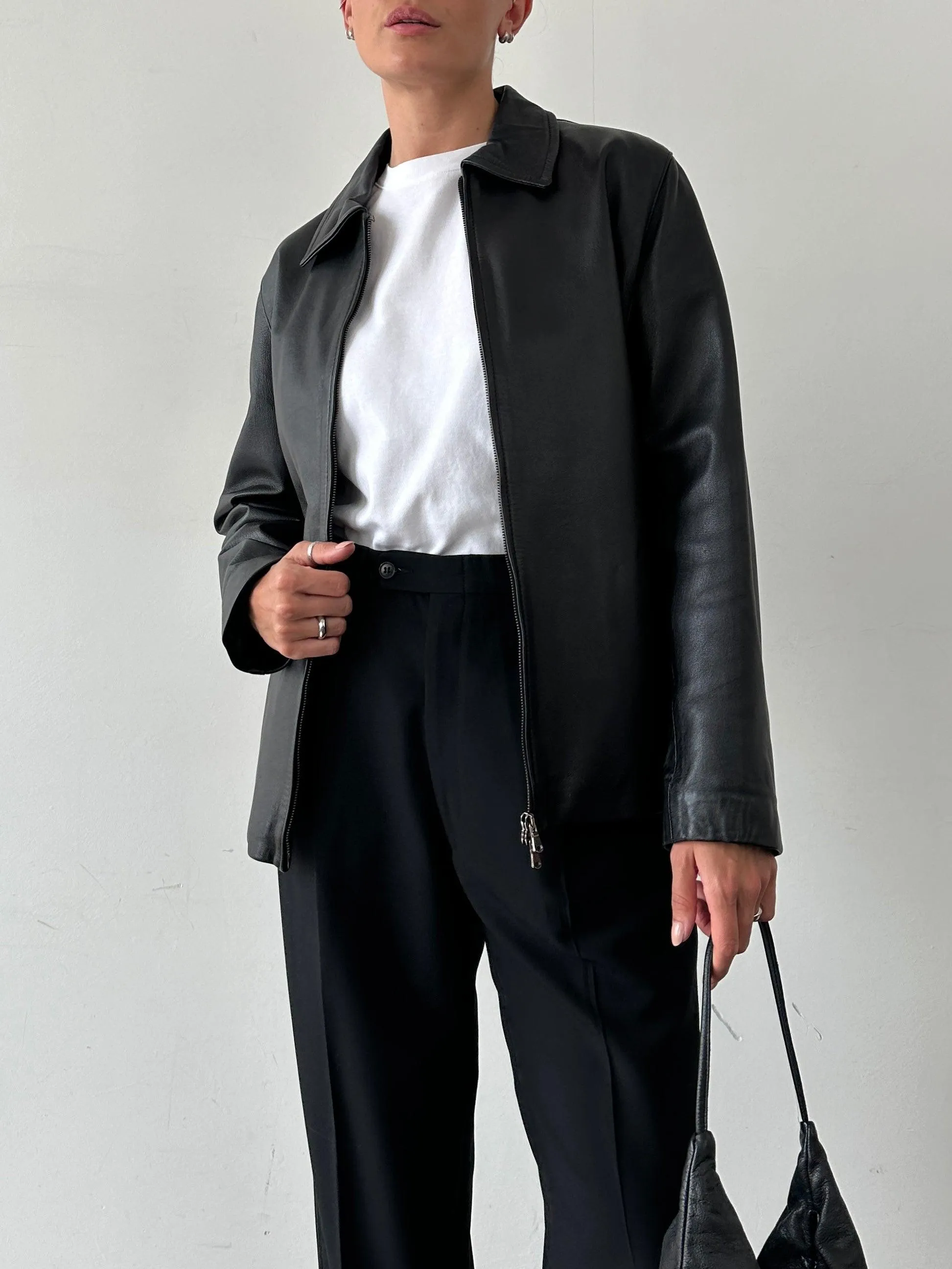 Italian Vintage Smooth Leather Double Zip Jacket - M