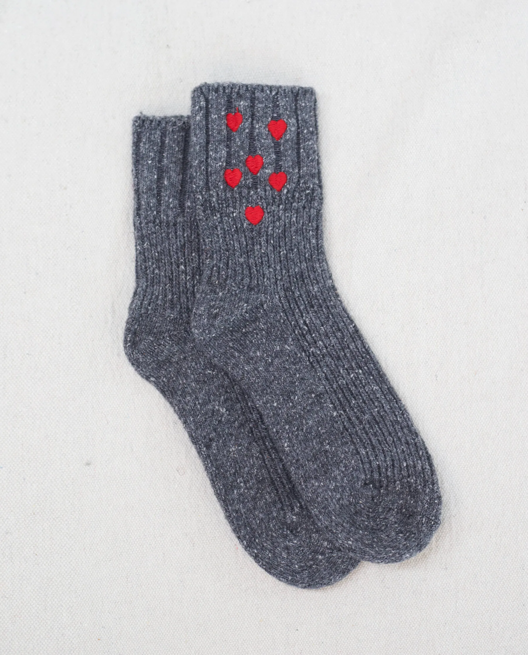 The Melange Rib Sock. -- Charcoal with Red Hearts