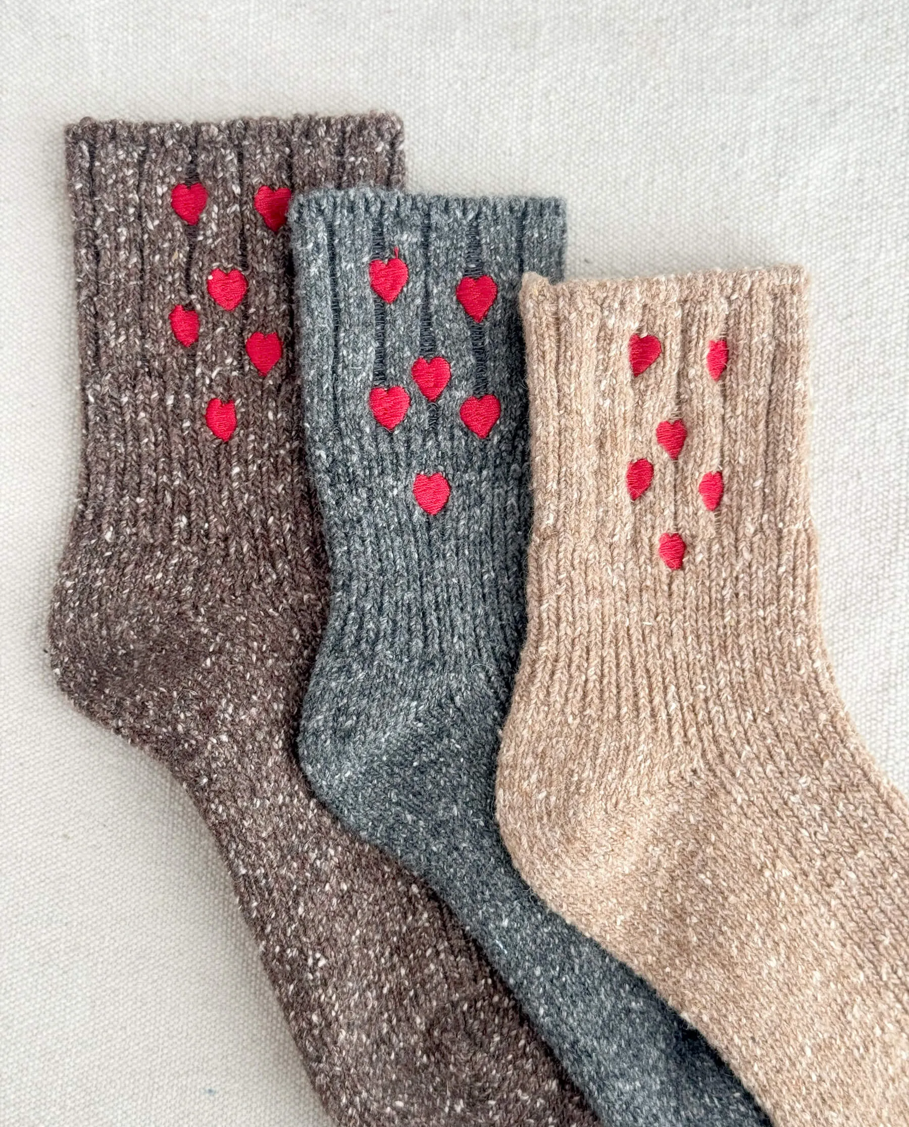 The Melange Rib Sock. -- Charcoal with Red Hearts