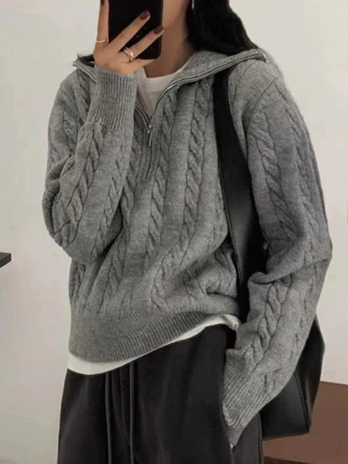 Vintage Lapel Neck Cable Knit Sweater