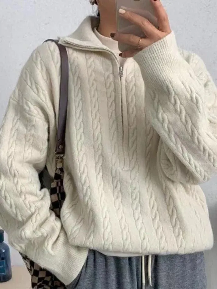 Vintage Lapel Neck Cable Knit Sweater